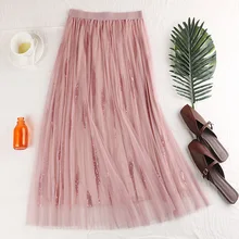 Женские юбки плиссированные юбки длинные для женщин с блестками Зимние новые с высокой талией тонкие блестки двухслойные марлевые стиль