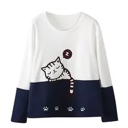 Для женщин осень пуловер с длинными рукавами Толстовка кошка вышивка свободная посадка Толстовка-MX8