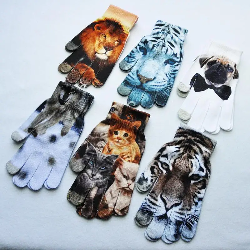 

A Pair Of Winter Keep Warming Mens Womens Gloves 3D Effect Pattern Digital Cat Lion Animal Painted Touch Screen Gloves Xmas Gift