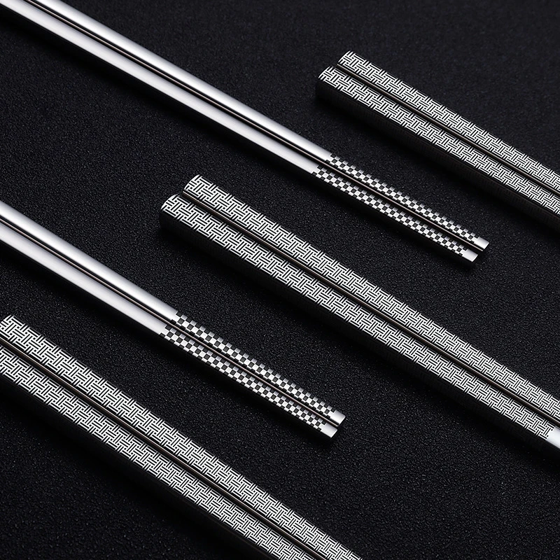 

304 Stainless Steel Anti-slip Anti-hot Chopsticks High-grade Durable Geometric Pattern Square Chopsticks Tableware Kitchen