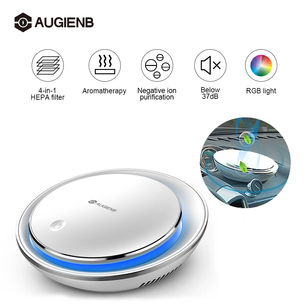 

AUGIENB Car Air Purifier HEPA Filter Negative Ion Fresh Aromatherapy RGB Night Light Silent Smoke Odors Dust Pollen Cleaner
