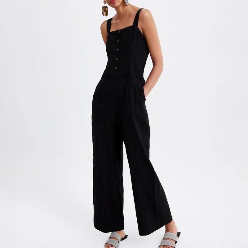 

Spring 2019 Women Jumpsuits Full Length Wide Leg Pant Elastic Bust Vintage Look Modern Lady Black Clothing Female Chic Jumpsuit