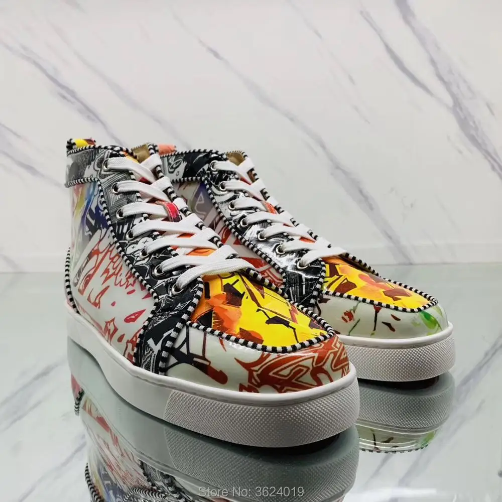 

High Top cl andgz multicolor Lace up Rivets Red bottom For man shoes waxed Sneakers silk screened leather Loafers 2018 Footwear