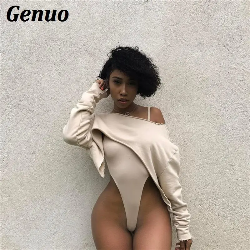 

Genuo cotton sexy crop tops long sleeve one shoulder irregular hoodies Autumn Winter women solid short sweatshirts beach covers
