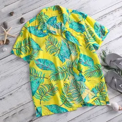Sunshine Bright Tropical Tee гавайская рубашка хлопок короткий рукав воротник с лацканами листьев Camisas летние мужские костюмы сорочка