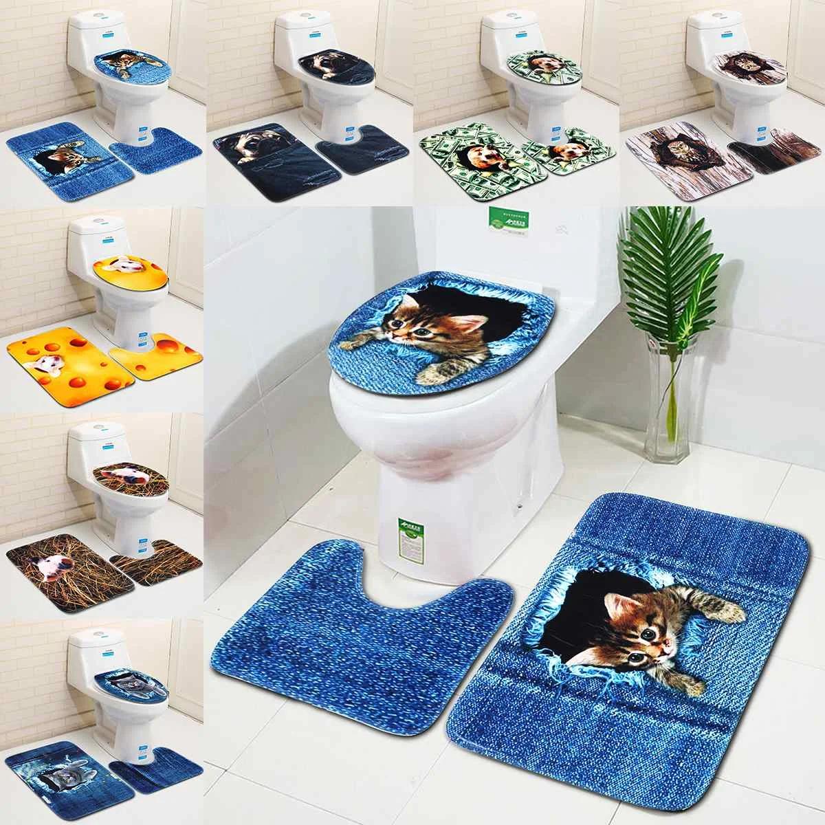 

3Pcs Toilet Bath Mats Set 7 Color Bathroom Non-Slip Mat Pad Animal Bathroom Carpet Rug Lid Toilet Cover Mat Washable Home Decor