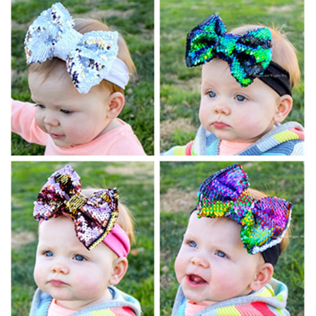 Glitter Sequins Bow Headbands Kids Girls Hair Accessories Elastic