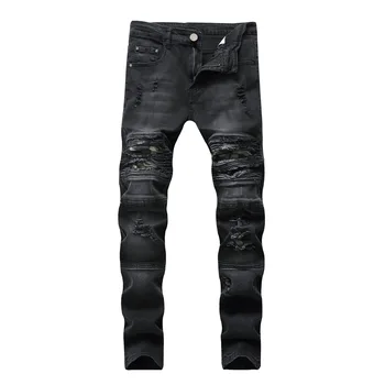 

Motocycle Jeans Pants Men Spliced Denim Trousers Vintage Jeans Homme