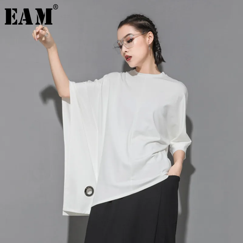 

[EAM] 2019 New Spring Summer Round Neck Half Batwing Sleeve Black Loose Hollow Out Big Size T-shirt Women Fashion Tide JT152