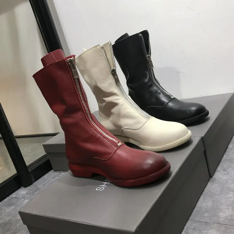 

2018 Shoes Woman Leather Low Heels Ankle Boots Metal Decor Front Zip Boots Woman Martin Boots zapatos de mujer