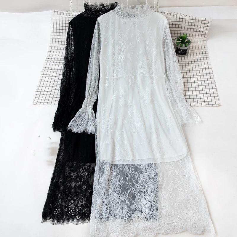 

2019 Korean Women A-Line Dress Female Turtleneck Flare Sleeve Party Dress Ladies Lace Elegant Slim Dresses Vestidos
