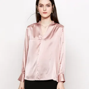 Women Silk Blouse Solid Blouses for Women V Neck Long Sleeved Shirt Blouses Pink