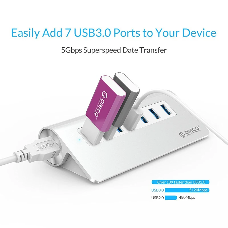  Hub ORICO USB3.0 de aluminio 7 puertos Hub Super Speed con adaptador de corriente de 12V 3.3Ft. Cab
