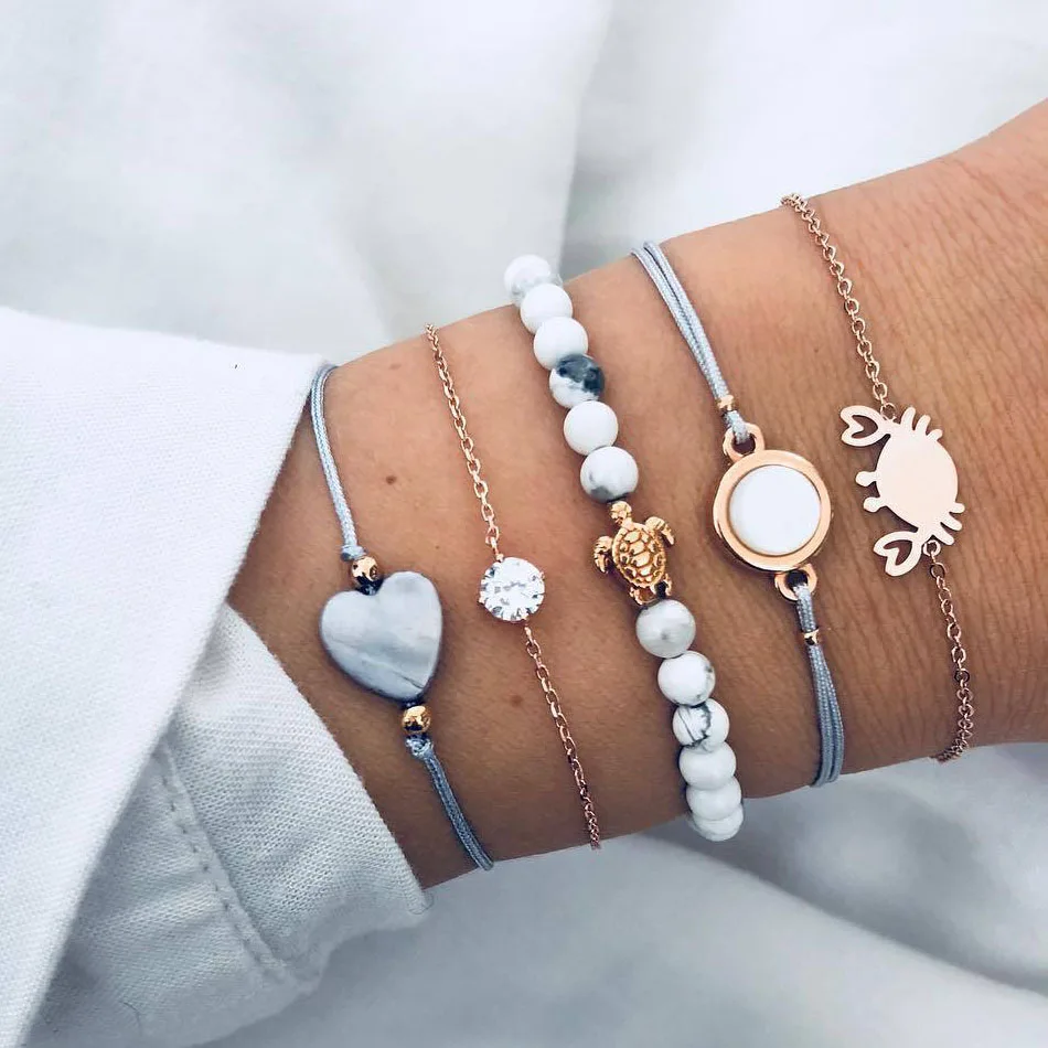 

Fashion Bohemian Shell Turtle Bracelets Bangles for Women Gold Color Strand Beads Charm Bracelets Sets Female 2018 Jewelry Gift