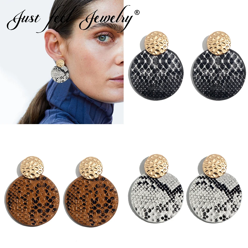 

JUST FEEL 2019 New ZA Vintage Leather Earrings For Women Geometric Snake Skin Print Dangle Earring Pendant Earring Party Jewelry