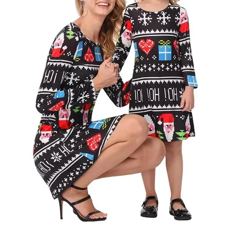 Christmas Mother Daughter Dress Santa Short Sleeve Xmas Family Matching Clothes