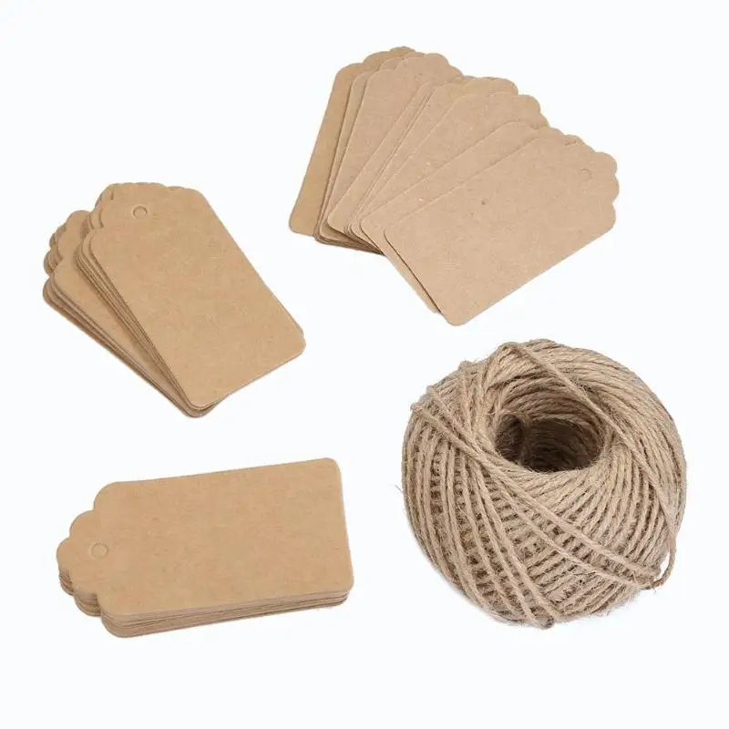 

100pcs Kraft Paper Label Rope With 30m Rope for Wedding Brown Rectangle Craft Hang Tag Labels with Natural Rope Jute Hemp Thread