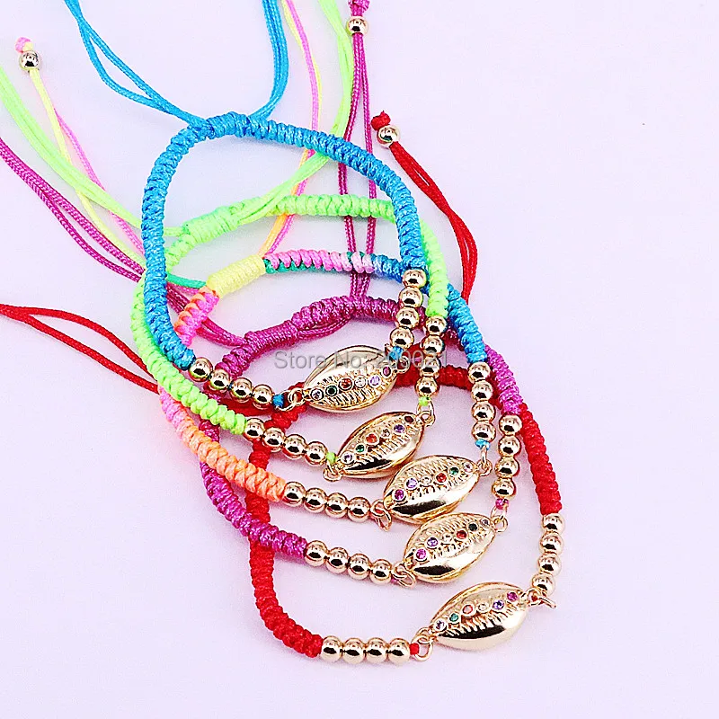 

10Pcs Fashion Women's Bracelet Micro Pave CZ Conch Shell Charm Jewelry Adjustable Rope Braiding Macrame Jewelry Gift