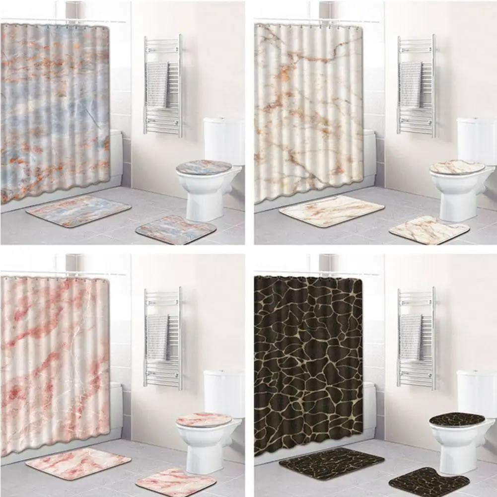 

Adeeing 4Pcs/Set Marble Grain Printing Shower Curtain Water Absorption Nonslip Mat Rug Cover Set