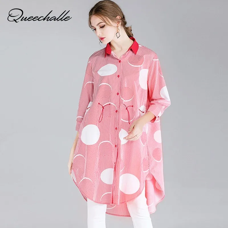 Red Black Stripe Dots Print Long Shirt Women European style 3XL 4XL