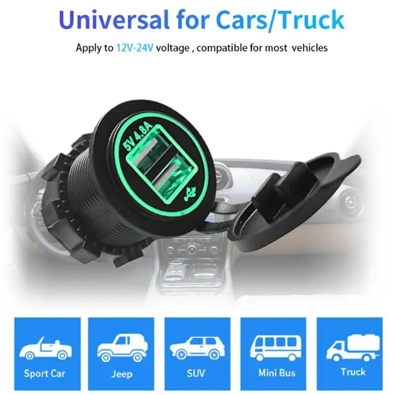 

4.8A Dual USB Car Charger 2 Ports Power Socket Adapter with Dual Lights Multifunctional Quick Charging Ships Motorcycle Charger
