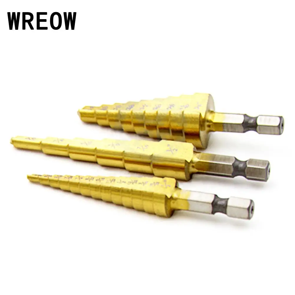 

3pc HSS Steel Titanium Coated Step Drill Bit Spiral Flute Cone Mini Drill Bit Tool Set Pagoda Hex Shape Hole Cutter Sharpening