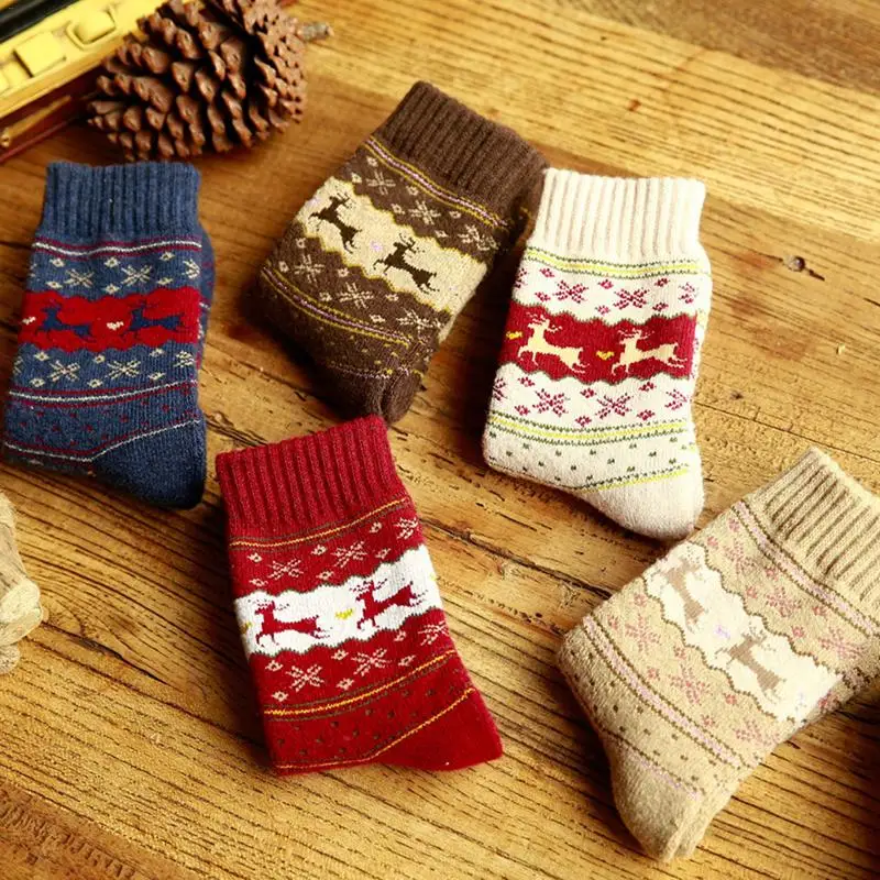 1 пара, зимние женские носки, теплые шерстяные рождественские носки до середины икры, шерстяные снежинки, олень, удобный подарок