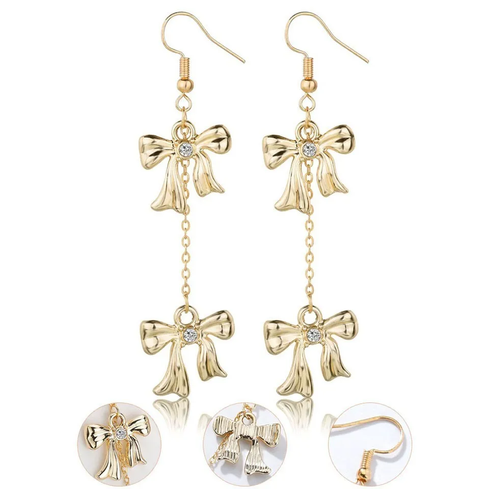 

New Wedding Drop Earrings For Women Double Bowknot With Rhinestone Earrings Cute Romantic Handmade Earring Wedding Jewelry