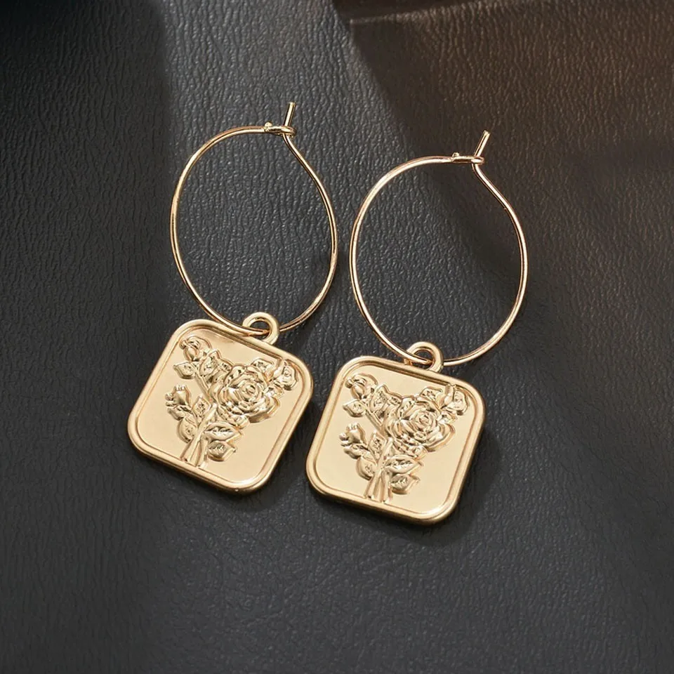 

Trendy Gold Square With Flower Design Drop Earrings For Women Heart Trendy Jewelry Cute Design Handmade Earings Wedding Jewelry