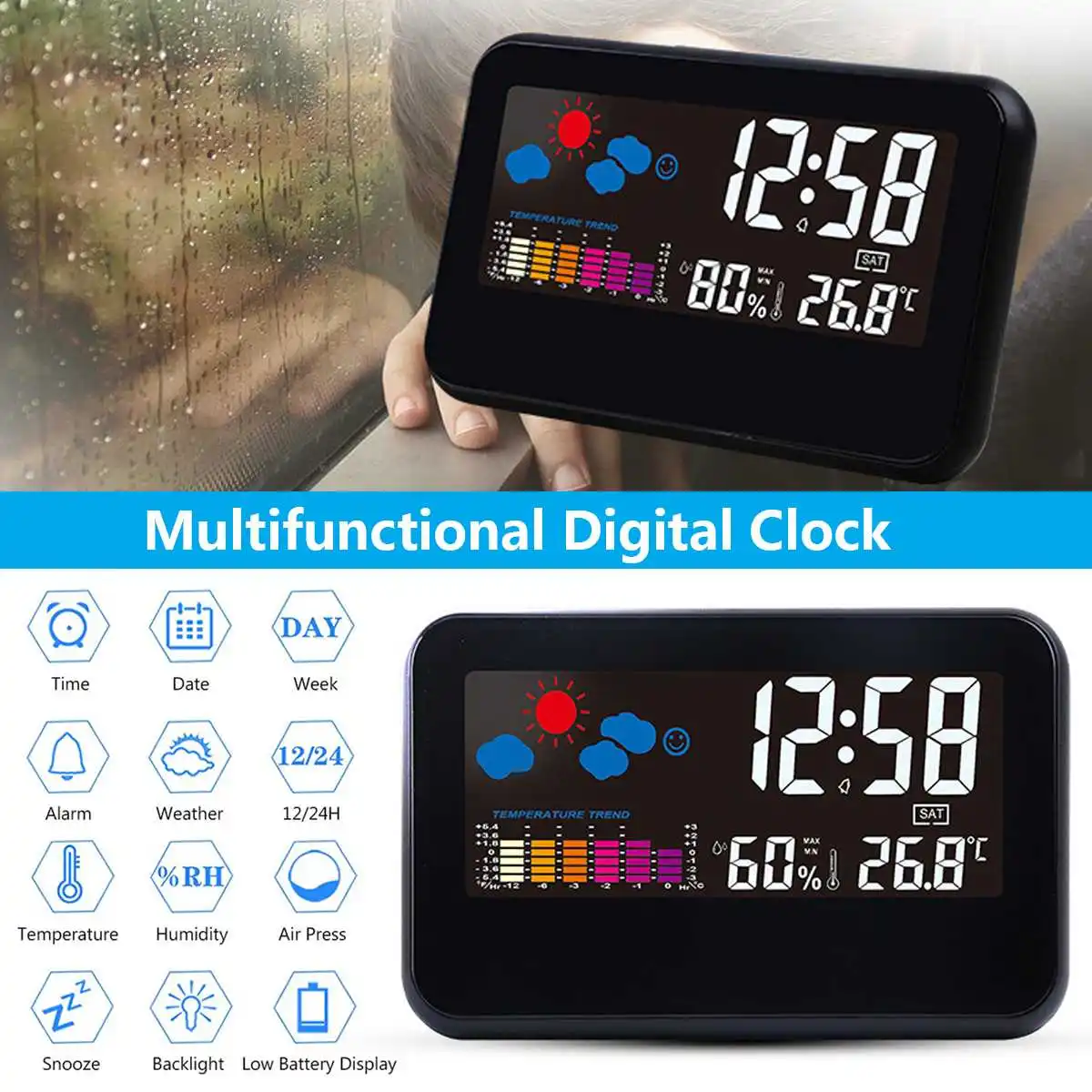 

Digital LED Thermometer Humidity Meter Hygrometer Temperature Room Alarm Clock Weather Voice Control Alarm Multi-function Table
