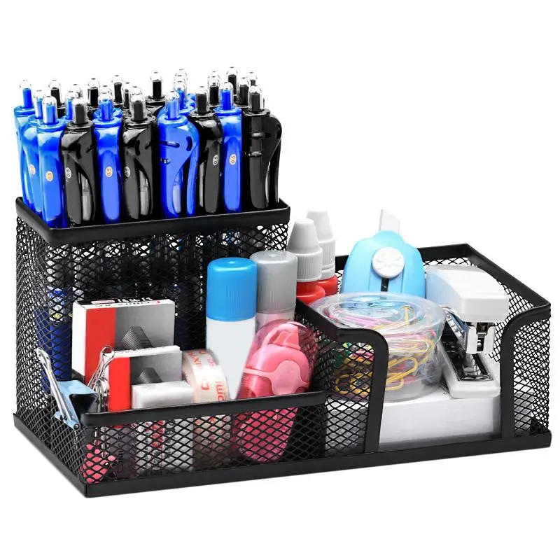 

Desktop Organizer Black Metal Mesh Desk Style Office Elegant Storage Container Three Compartments Pencil Stationery Holder Stand