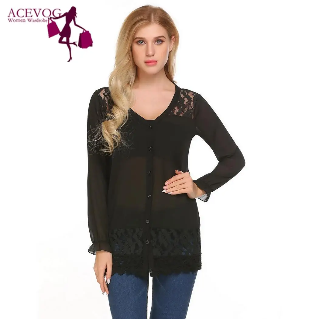 ACEVOG Women Lace T-Shirts Tops Spring Summer Casual V-Neck Long Sleeve Autumn Patchwork Elastic Ruffle Cuffs Sexy T-Shirts ACEVOG Women Lace T-Shirts Tops Spring Summer Casual V-Neck Long Sleeve Autumn Patchwork Elastic Ruffle Cuffs Sexy T-Shirts