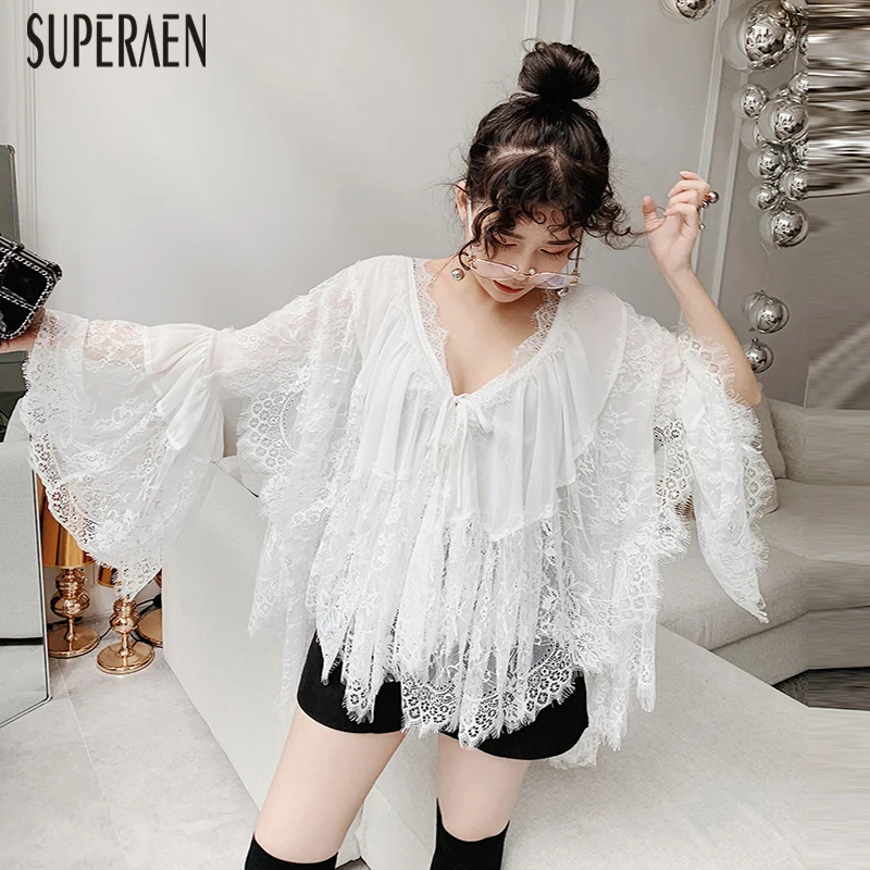 

SuperAen Spring Women Shirt 2019 New Korean Style Flare Sleeve Solid Color Wild Shirt Female V-neck Long Sleeve Women Clothing