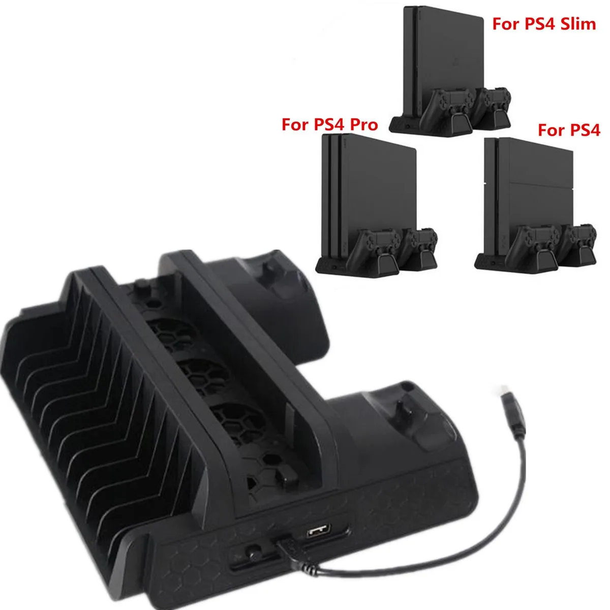 

For PS4/PS4 Slim/PS4 Pro Vertical Stand w/Cooling Fan Stand Cooler Dual Controller Charger Charging Station
