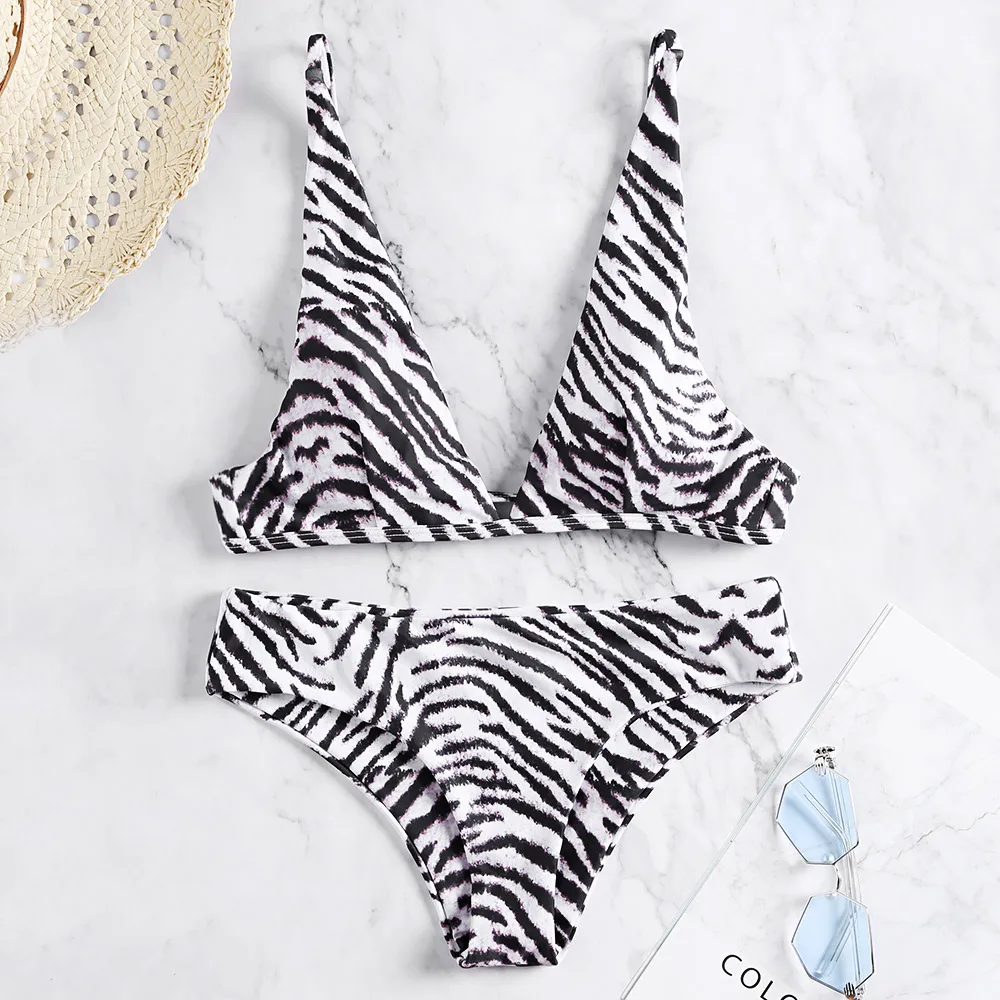 

Sexy Plunge Neck Animal Print Padded Backless Low Waist Women Bikini Set Summer Sunny Beach Swimming Suit Swimwear Bikini Suit