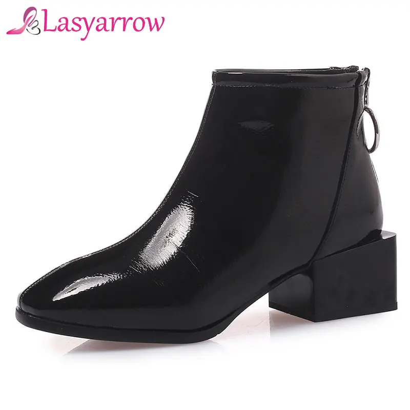 

Lasyarrow Back Zipper Plus Size Ankle Boots Shoes Woman Chunky High Heels Square Toe Patent Leather Black Red Martin Boots Women