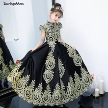 Vestido daminha/роскошное черное фатиновое Золотое кружевное платье с цветочным узором для девочек на свадьбу; коллекция года; Бальные платья с короткими рукавами для девочек; платье для выпускного вечера