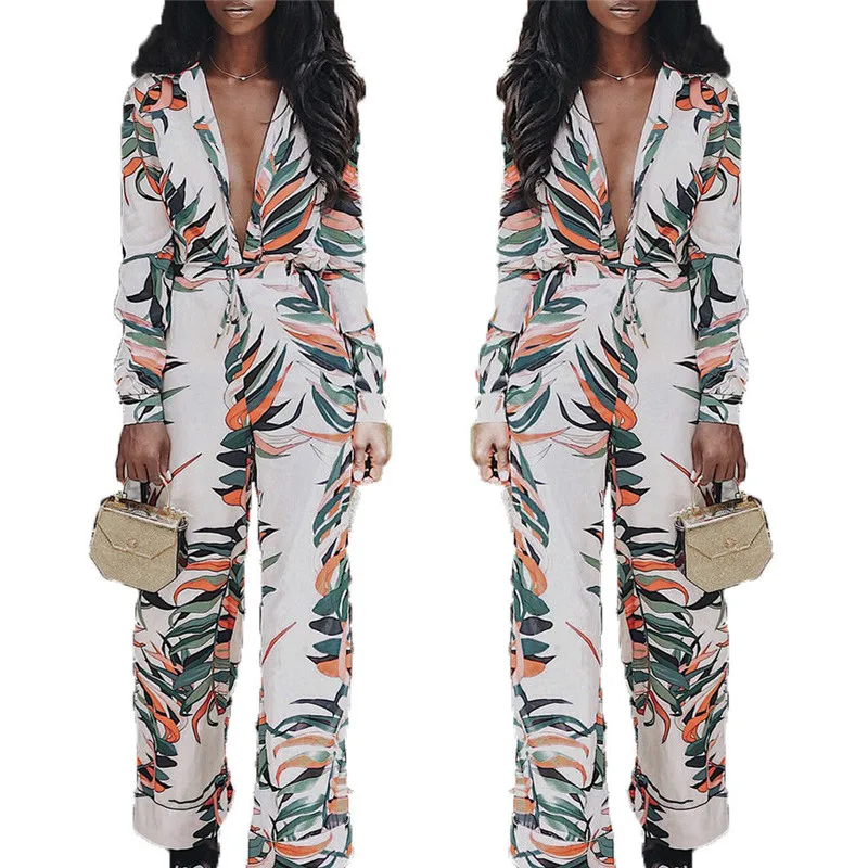 

New Stylish Sexy Women Loose Deep V Neck Jumpsuit Floral Printed Printed Bodycon Long Sleeve Jumpsuit Playsuit Long Trousers Hot
