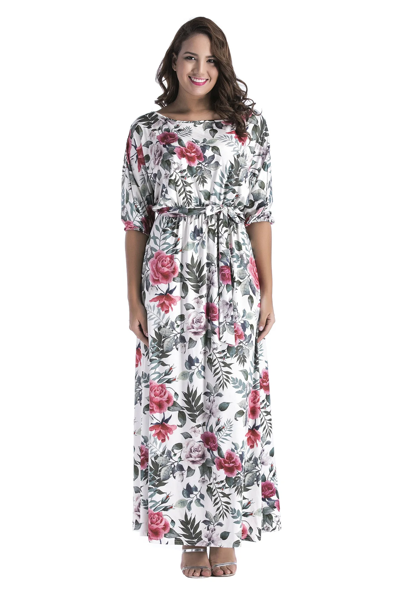 Elegant Loose Print Women Dress Three Quarter Sleeve O Neck Long Women Dresses Ankle Length Plus