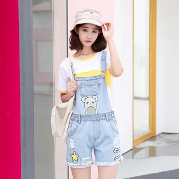 

Mori girl embroidery Shorts Denim Overalls cute suspenders jean shorts Ripped hole jumpsuit women Loose Cowboy Bib Playsuit
