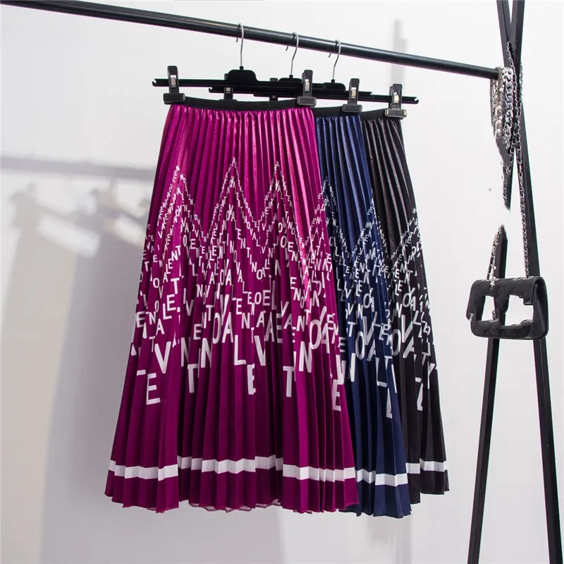 

2019 Women Bohemian Satin Letters Floral Print Skirts Elastic Waist Shinning Beach Holiday Pleated Midi Skirts