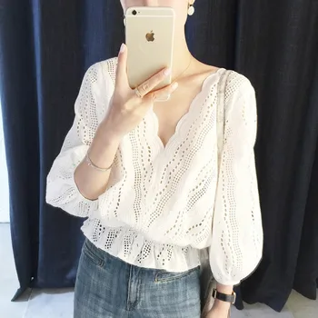 

Womens Knitted Sweater Hollow Out Monochrome Loose Jumper Women Pullover Knitwear 2019 Seven-Point Sleeve Lace Shirt Female
