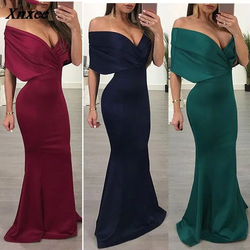 

Fashion Elegant Mermaid Party Dresses Women Clothing Off Shoulder Deep V Neck Strapless Sexy Maxi Dress Costume For Female Xnxee