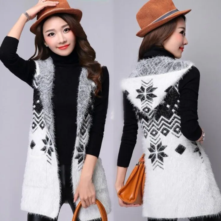 #0732 Autumn Pattern Mohair Wool Long Knitted Vest Women ...