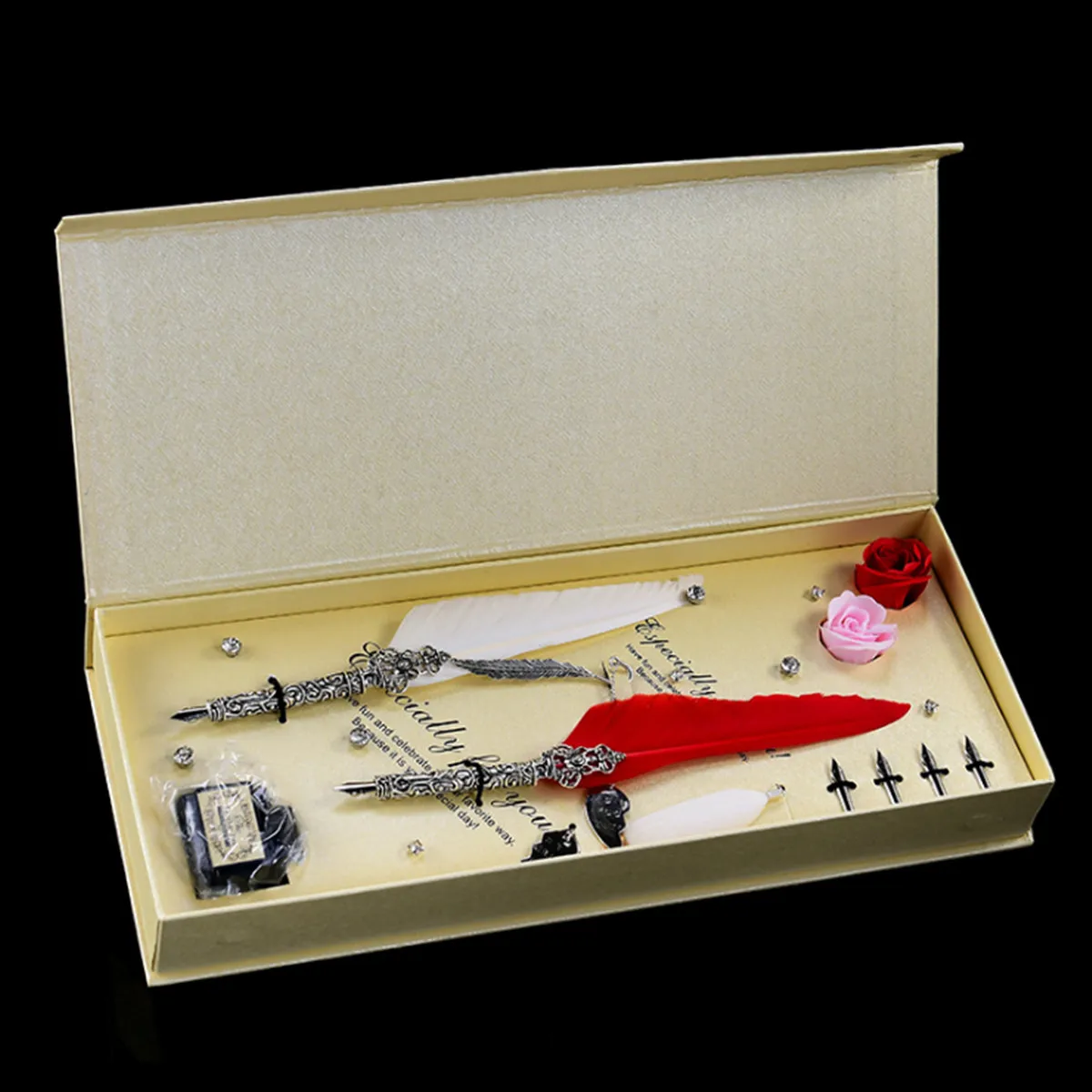 

Calligraphy 2x Feather Fountain Pen and Ink Set Kit Retro Antique Owl Valentine Birthday Festival Gift with 4x Replacement Nibs
