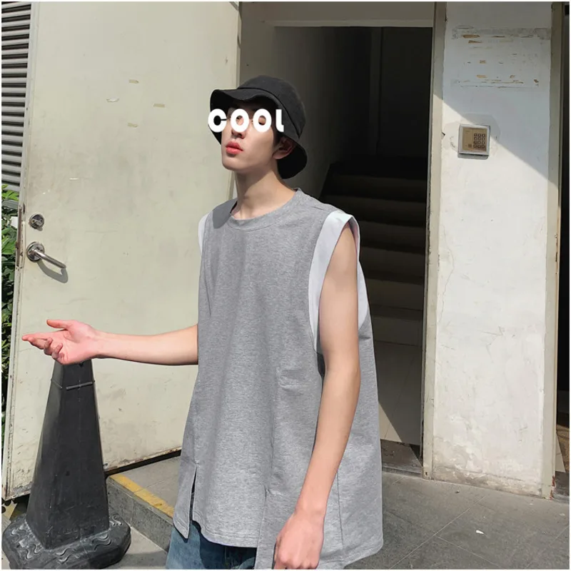 

Men's vest 2019 summer new solid color cotton slim loose sleeveless vest split casual youth men's wear