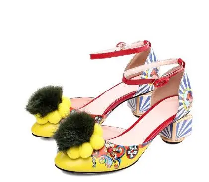 

Unique Strange Style Dress Sandals Women Printed Leather Flower Fur Decorated High Heel Sandals Mixed Color Sandals Party Pumps