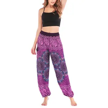 

MISSKY Newest Women Causal Summer Print Baggy Boho Pants Elastic Pants Loose Trousers Aladdin Wide Leg Long Harem Pants
