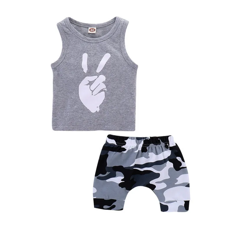 

Newborn Clothing Set Summer Baby Set Kids Victory Gesture Print Sleeveless Vest Trousers Sports Set Tshirt Shorts Baby Clothes