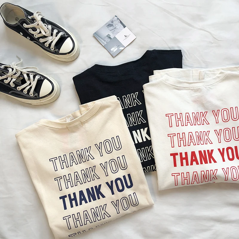Back Thank You Letter Printed Women T Shirt Short Sleeve Beige White